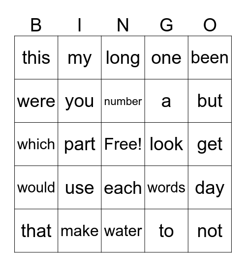 Sight Words Bingo Card