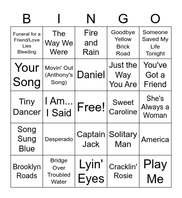 Piano Songs Bingo Card