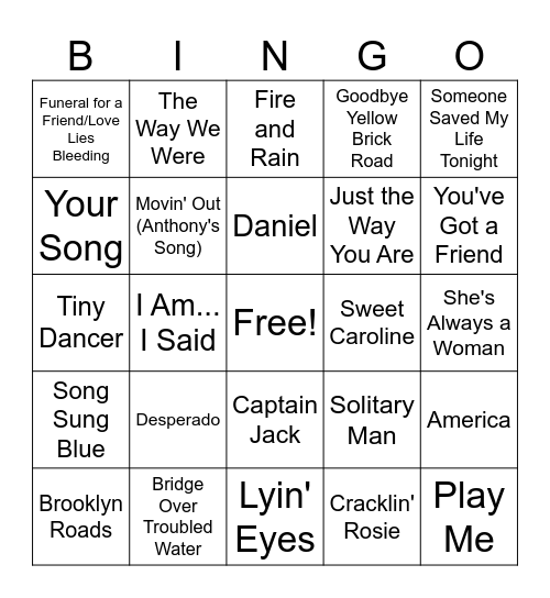 Piano Songs Bingo Card