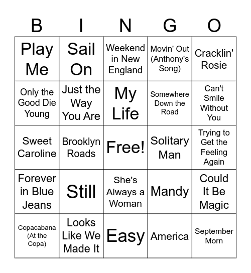 Piano Hits we Love Bingo Card