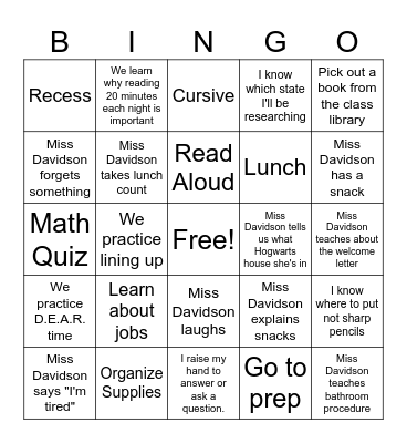 Back to School Bingo Card
