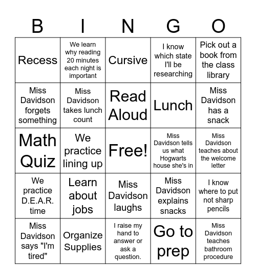 Back to School Bingo Card
