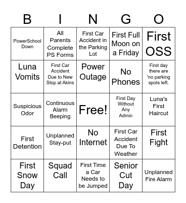 School Year Firsts Bingo Card