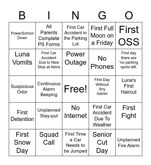 School Year Firsts Bingo Card