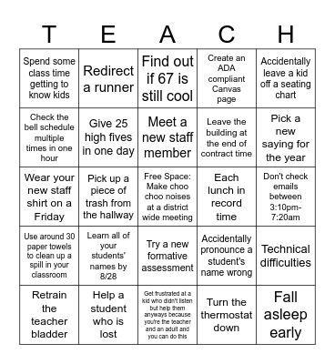 Back to School Bingo Card