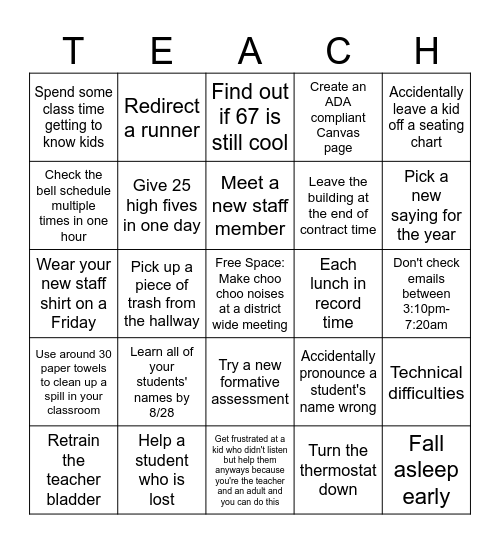 Back to School Bingo Card