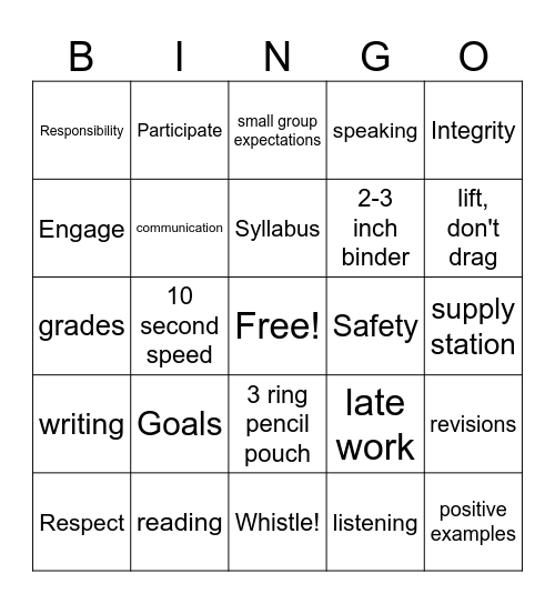Schroll's Class Bingo Card