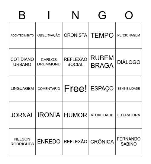 GÊNERO CRÔNICA Bingo Card
