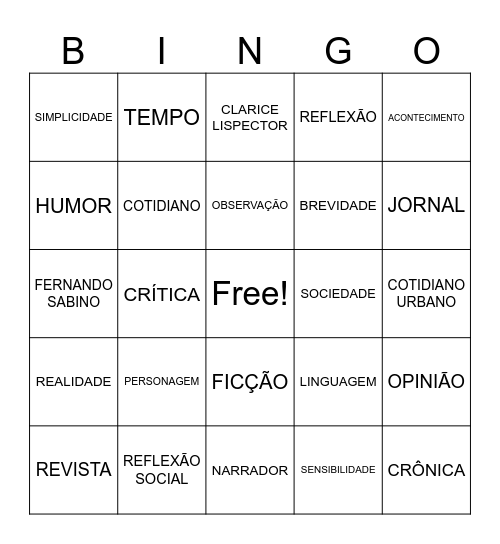 GÊNERO CRÔNICA Bingo Card