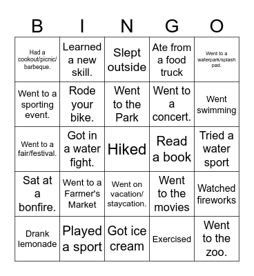 Summer Bingo Card