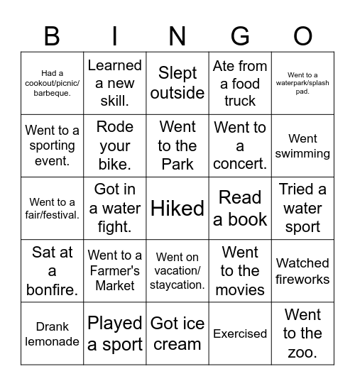 Summer Bingo Card