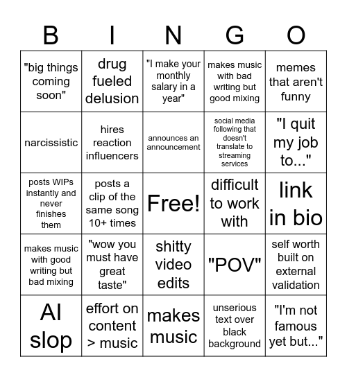 obnoxious diy musician bingo Card