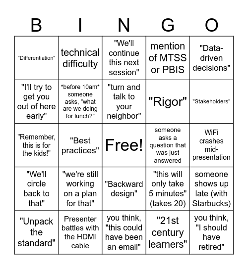 BACK TO SCHOOL - Teacher PD Bingo! Bingo Card