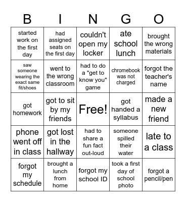 First Day of School BINGO Card