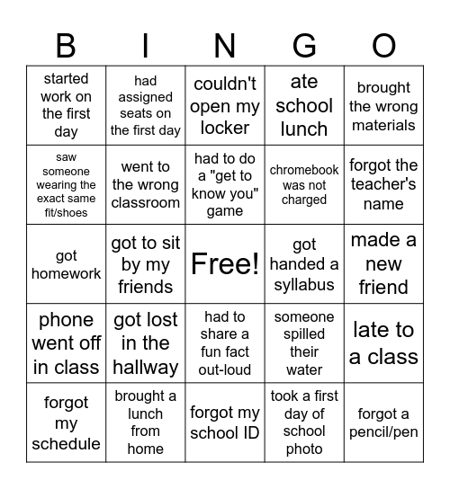 First Day of School BINGO Card