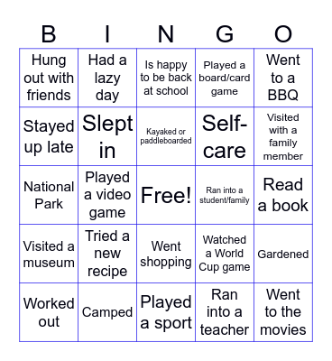 Teacher Summer Bingo Card
