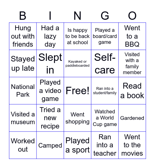 Teacher Summer Bingo Card