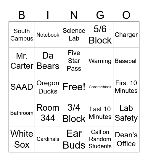 Class Expectations Bingo Card