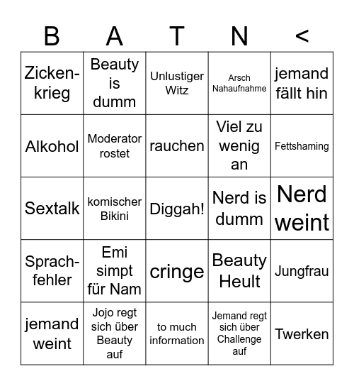Beauty and the Nerd Bingo Card