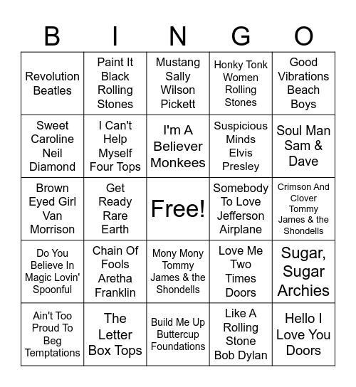 1965-1969 Bingo Card