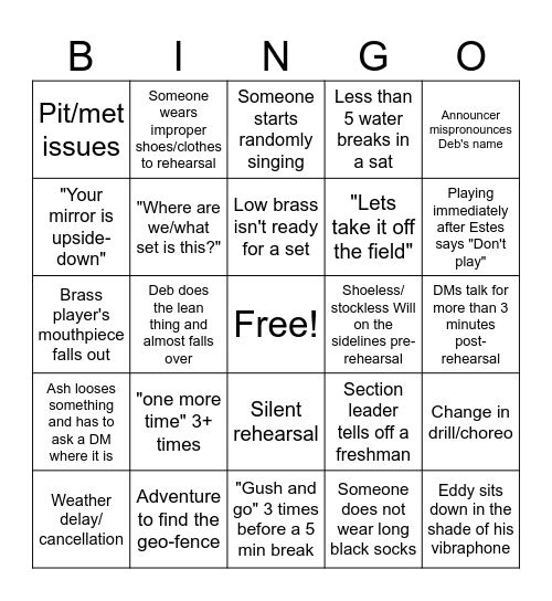 Band Season Bingo Card
