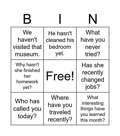 PRESENT PERFECT Bingo Card