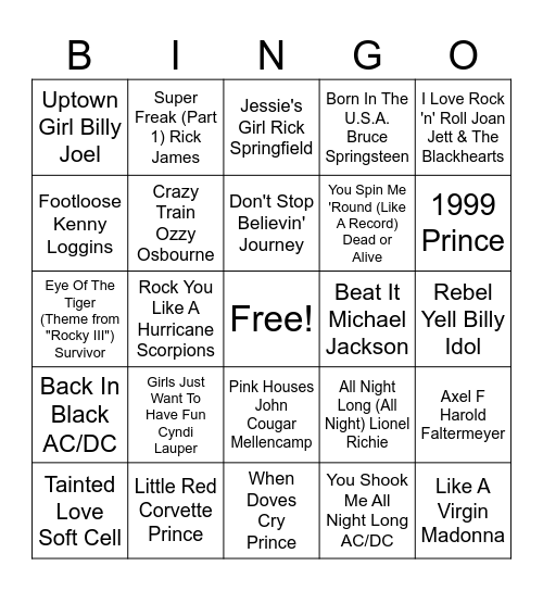 1980-1984 Bingo Card