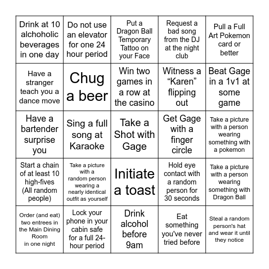 Gage Bachelor Party Bingo Card