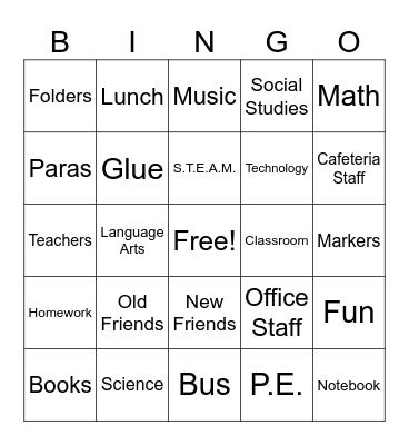 Back to School Bingo Card