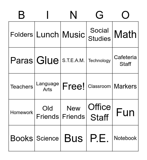 Back to School Bingo Card