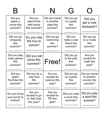 Summer/Back to School Bingo Card