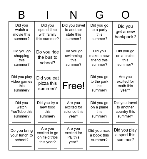 Summer/Back to School Bingo Card