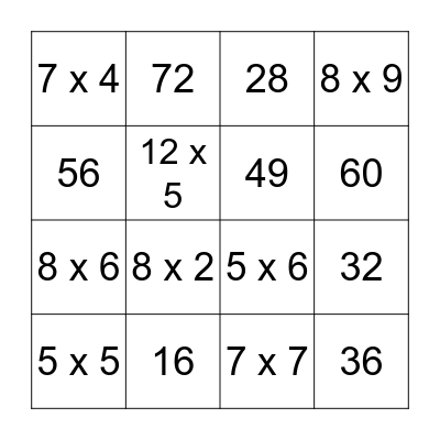 Multiplication Bingo Card