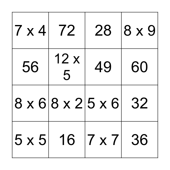 Multiplication Bingo Card