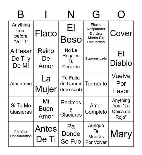 Mon Laferte, Aug 20 2026 Bingo Card