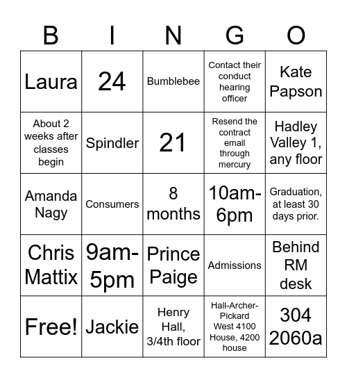Faunce Bingo Card