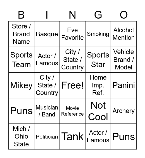 Last Man Standing Bingo Card