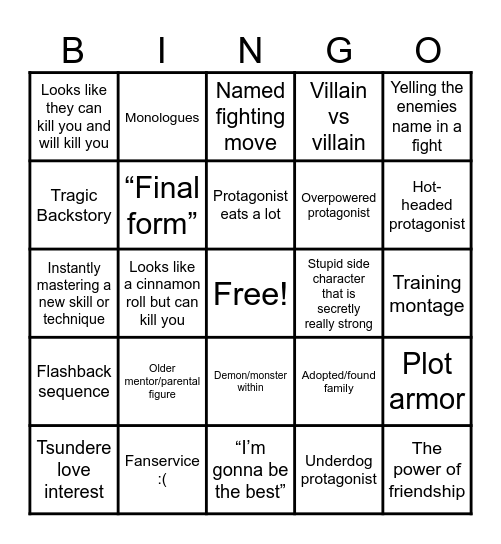 Anime Troupe Bingo Card