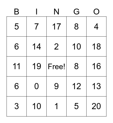 Addition and Subtraction Bingo Card