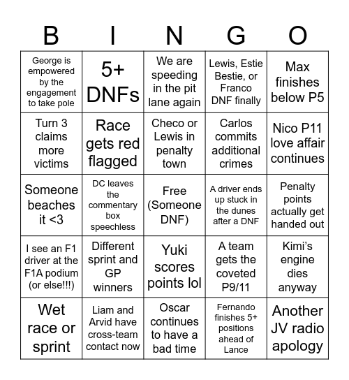 Zandvoort babyyyyy Bingo Card