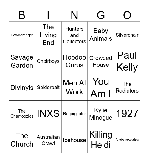 Australian Bands & Artists from the 80's & 90's Bingo Card