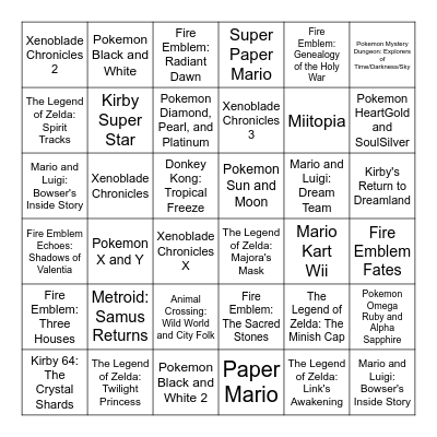Nintendo Music App Bingo Card