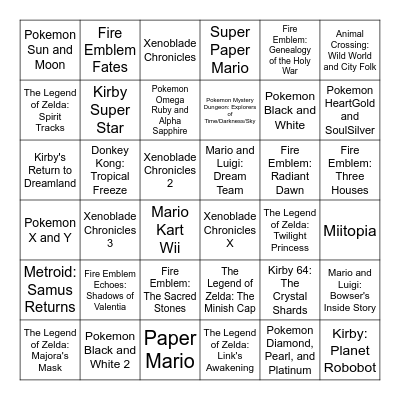 Nintendo Music App Bingo Card