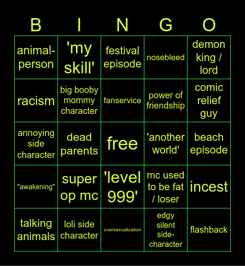 filler slop anime bingo Card
