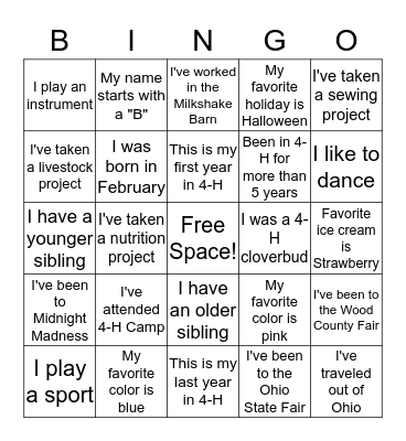 Blue Ribbon Rangers 4-H Bingo Card