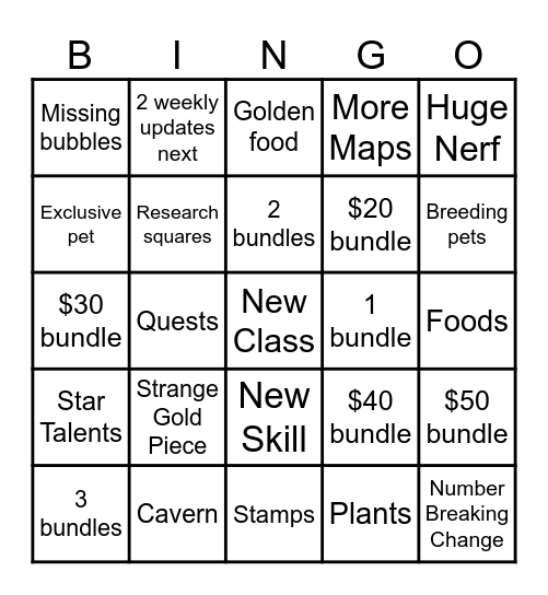 New Update Bingo Card