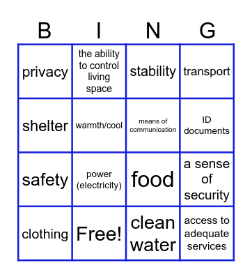 Basic Needs Bingo Card