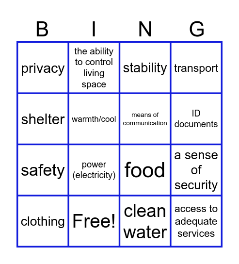 Basic Needs Bingo Card