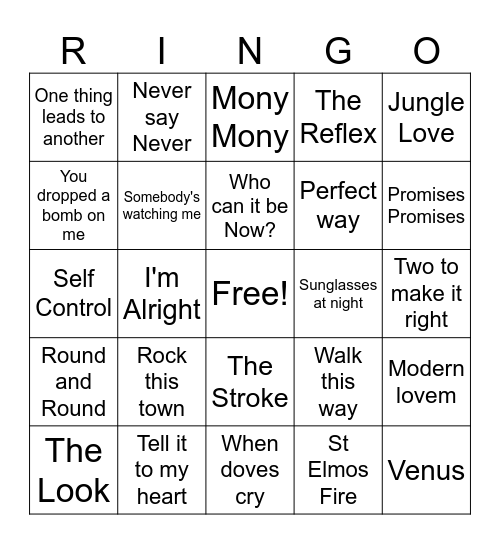 '80s Hit Machine Bingo Card