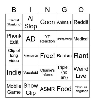 Youtube Shorts Bingo Card